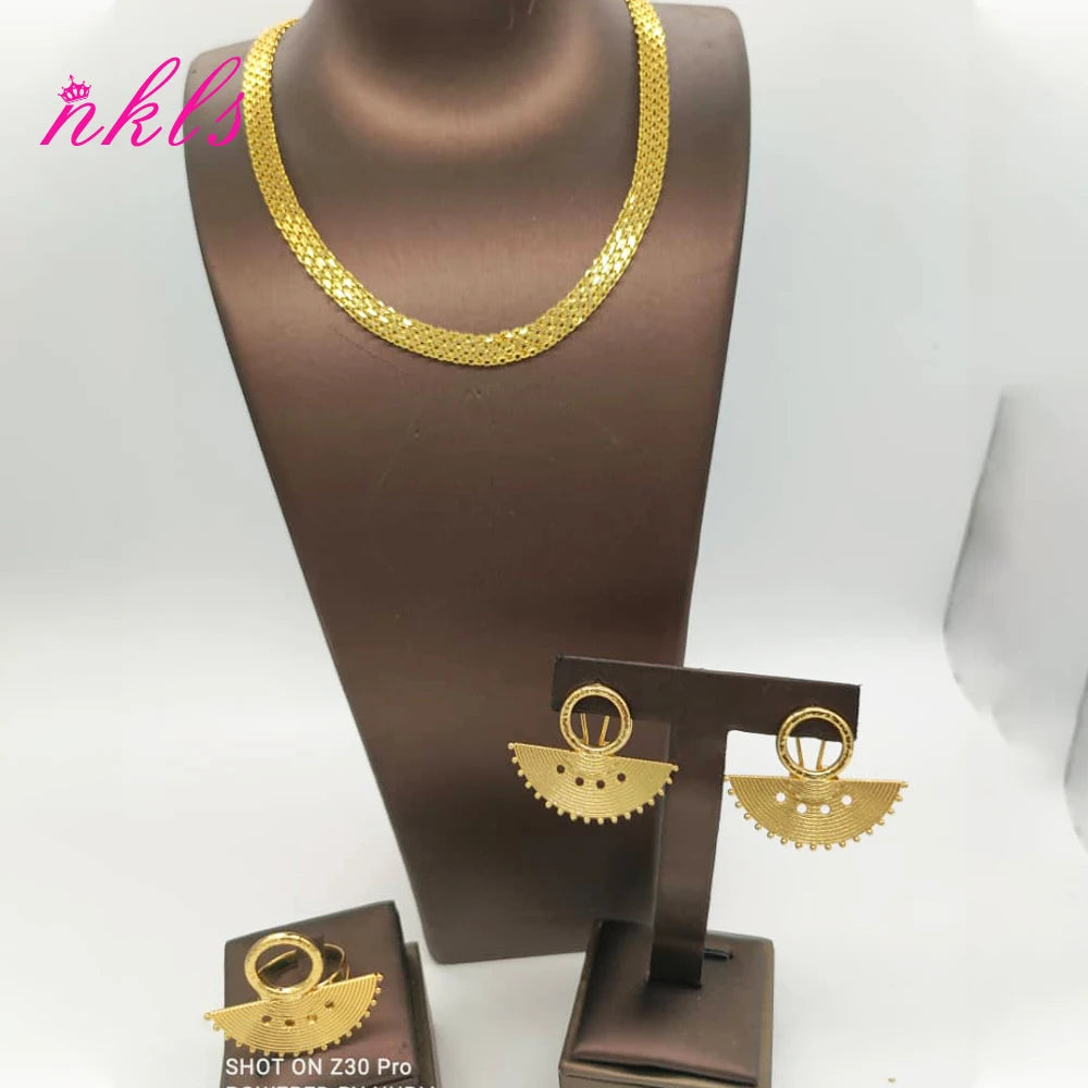 Classic African Jewelry Set – Gold Tone Chain, Earrings & Ring for Special Occasions