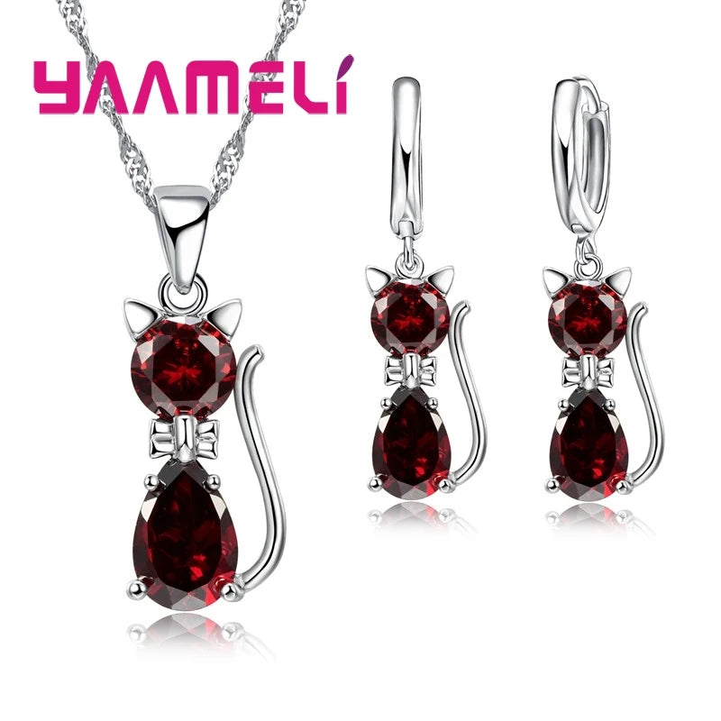 Women’s Crystal Cat Jewelry Set | Sterling Silver Necklace & Earrings