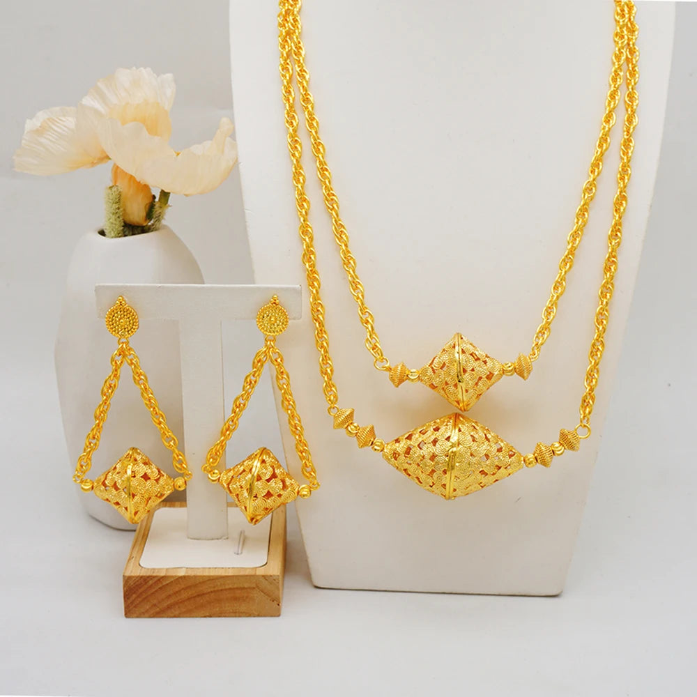 Luxury Dubai Bridal Jewelry Set – Gold Color Necklace & Earrings for Weddings 2025