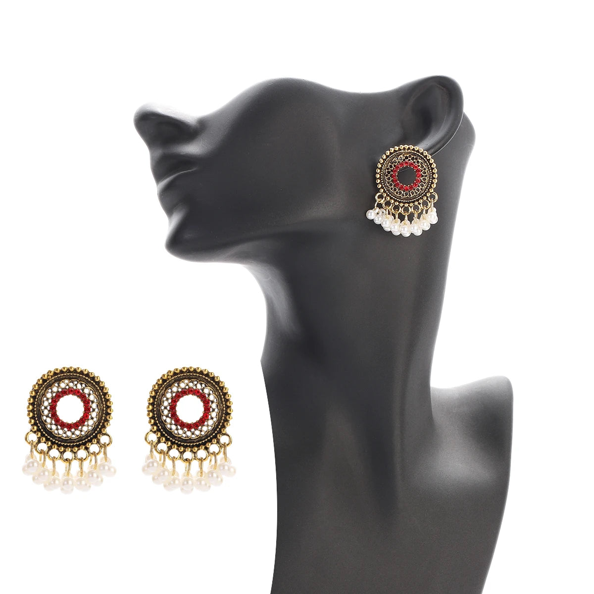 Red CZ Jhumka Earrings – Ethnic Beaded Tassel Jewelry for Women