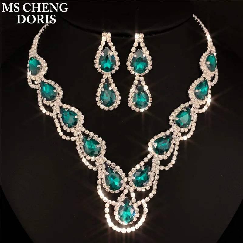 Blue Rhinestone Choker Jewelry Set – Luxury Bridal Necklace & Earrings