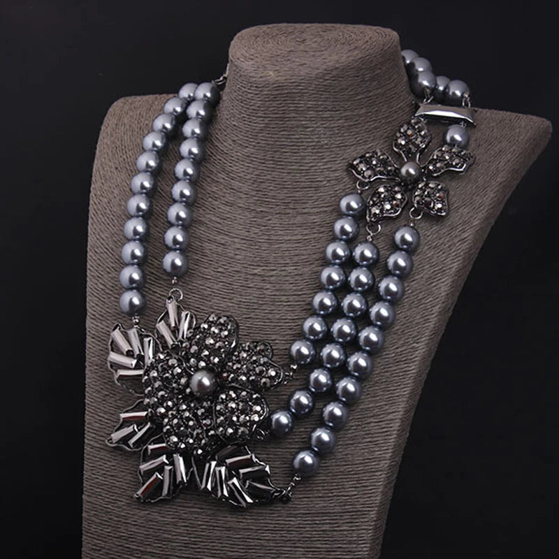 Multi-Strand Pearl Bead Necklace – Black Flower Statement Choker