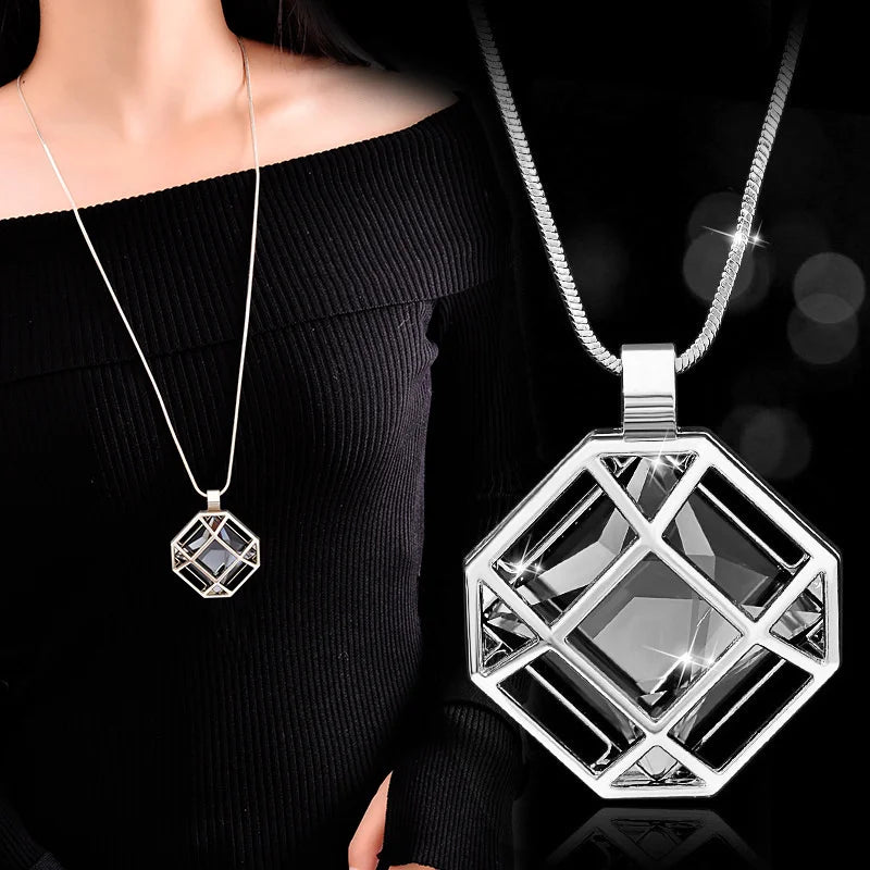 Geometric Crystal Statement Necklace – Long Pendant for Women